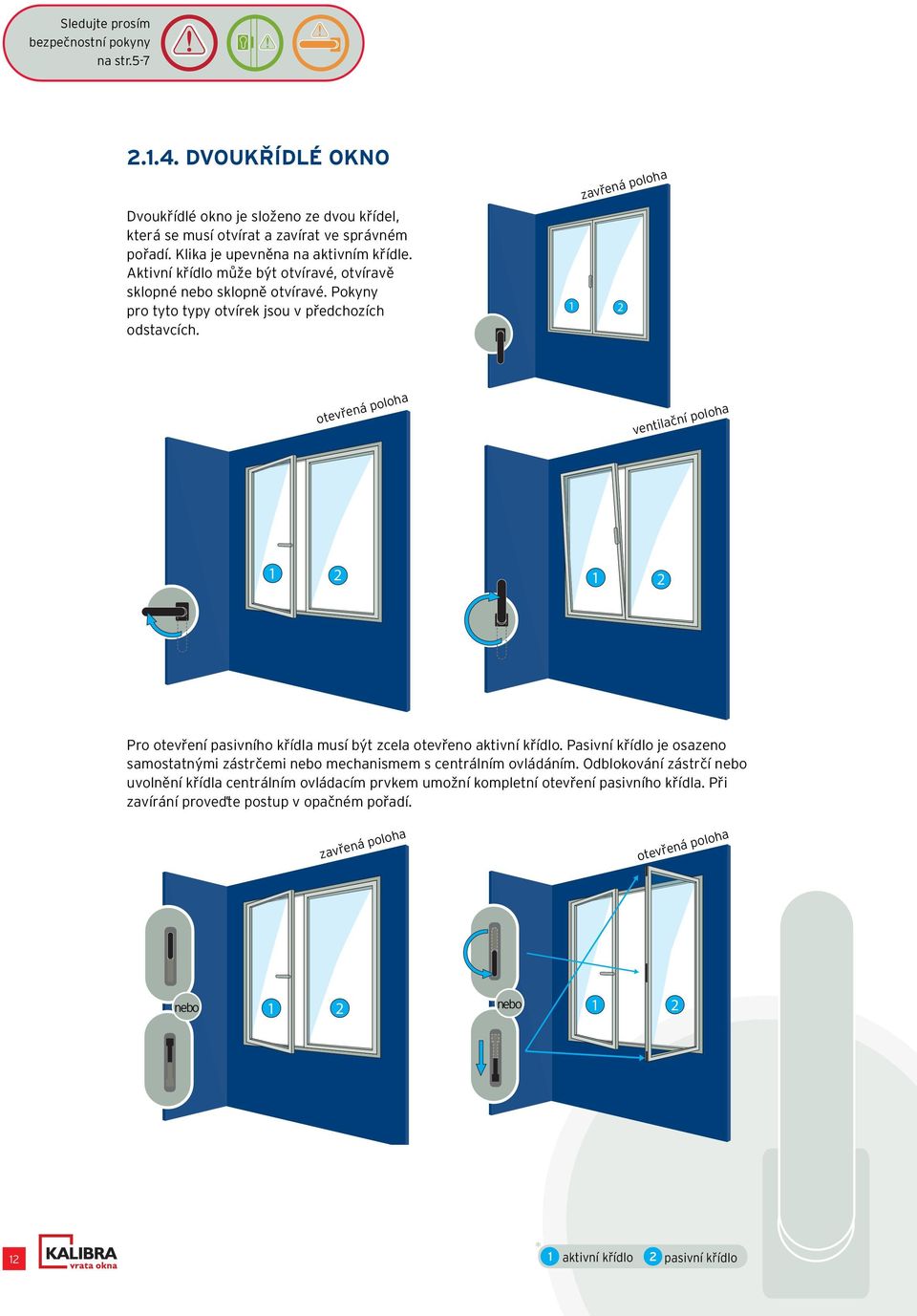 zavřená poloha 1 2 ventilační poloha 1 2 1 2 Pro otevření pasivního křídla musí být zcela otevřeno aktivní křídlo.