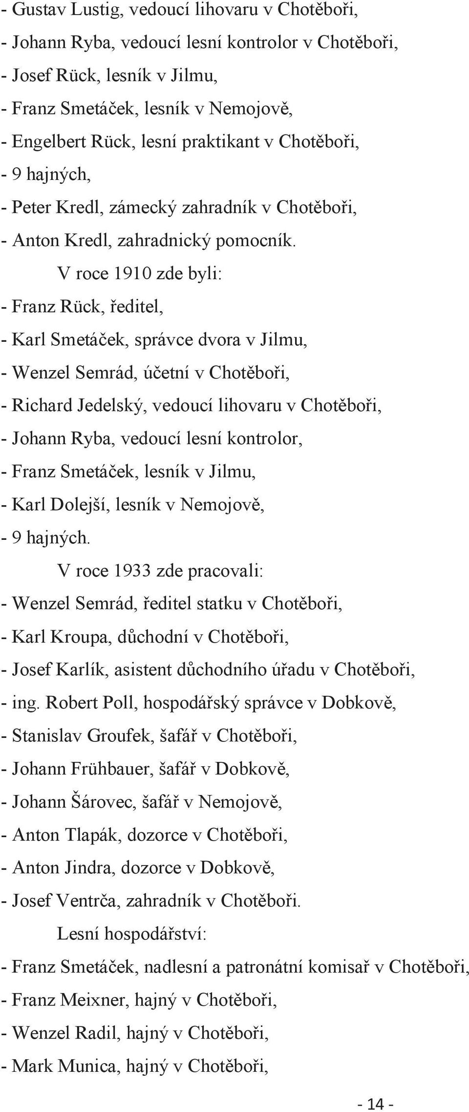 V roce 1910 zde byli: - Franz Rück, ředitel, - Karl Smetáček, správce dvora v Jilmu, - Wenzel Semrád, účetní v Chotěboři, - Richard Jedelský, vedoucí lihovaru v Chotěboři, - Johann Ryba, vedoucí