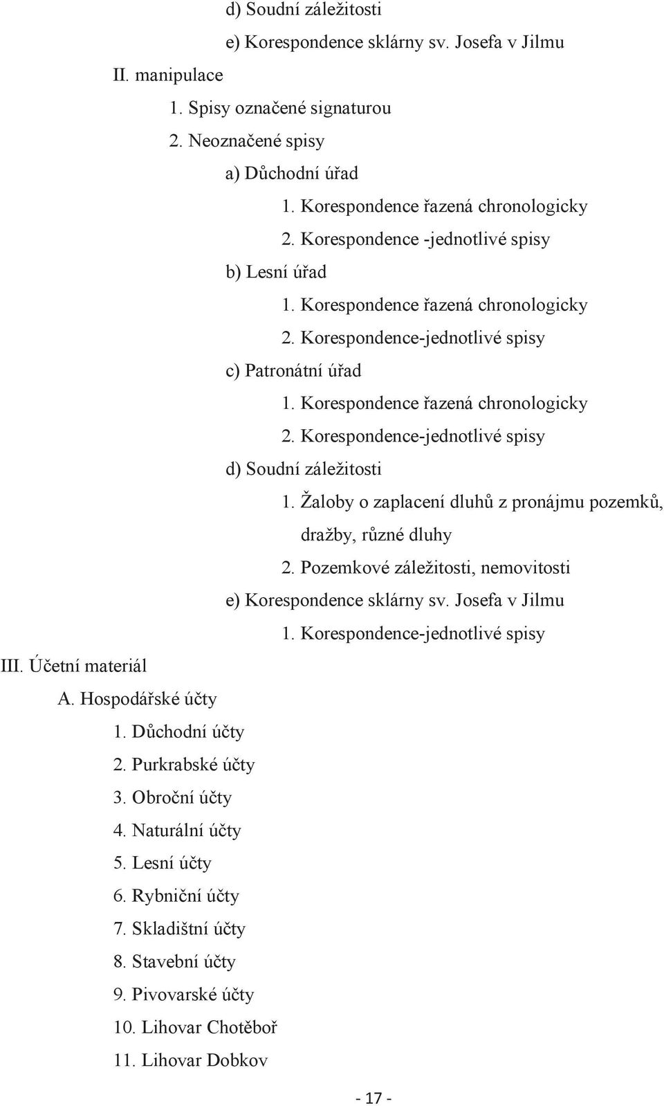 Žaloby o zaplacení dluhů z pronájmu pozemků, dražby, různé dluhy 2. Pozemkové záležitosti, nemovitosti e) Korespondence sklárny sv. Josefa v Jilmu 1. Korespondence-jednotlivé spisy III.