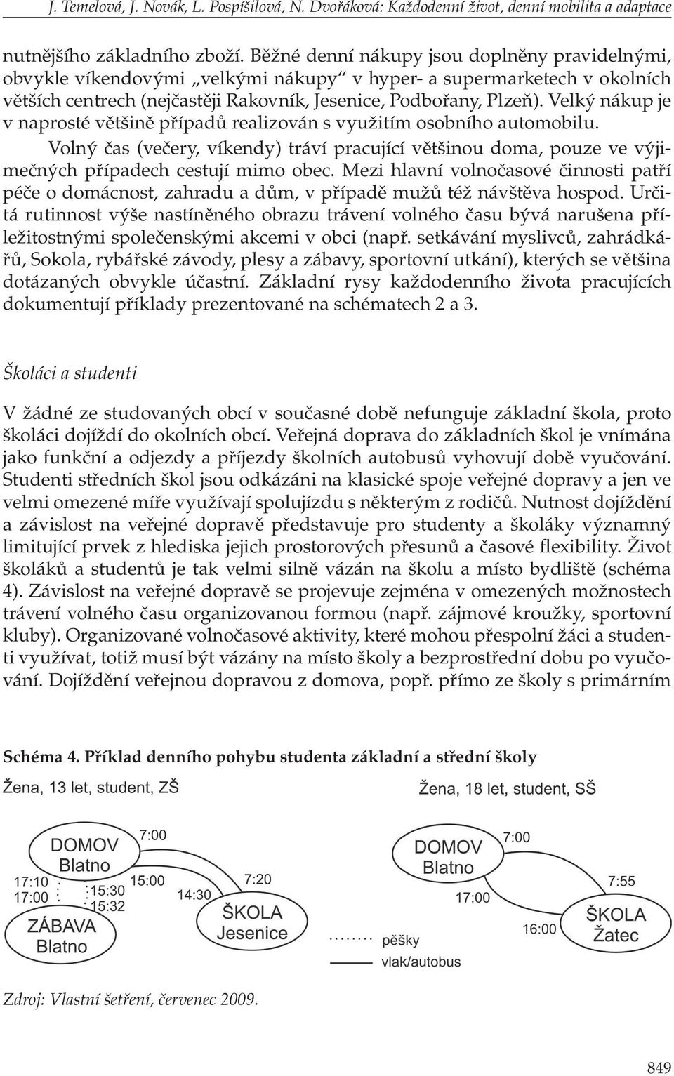 Velký nákup je v naprosté většině případů realizován s využitím osobního automobilu. Volný čas (večery, víkendy) tráví pracující většinou doma, pouze ve výjimečných případech cestují mimo obec.