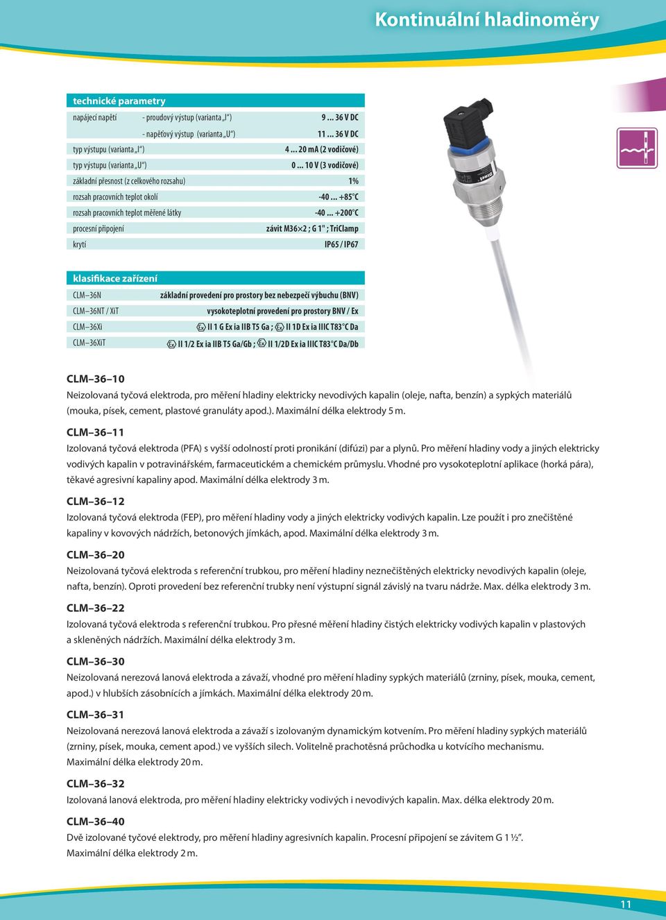 .. +200 C procesní připojení závit M36 2 ; G 1" ; TriClamp krytí IP65 / IP67 klasifikace zařízení CLM 36N základní provedení pro prostory bez nebezpečí výbuchu (BNV) CLM 36NT / XiT vysokoteplotní