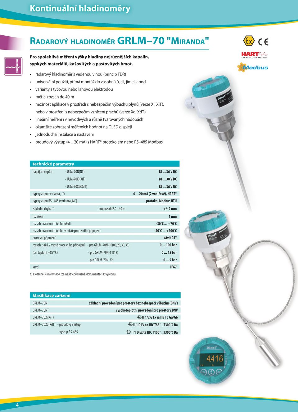 varianty s tyčovou nebo lanovou elektrodou měřicí rozsah do 40 m možnost aplikace v prostředí s nebezpečím výbuchu plynů (verze Xi, XiT), nebo v prostředí s nebezpečím vznícení prachů (verze Xd, XdT)