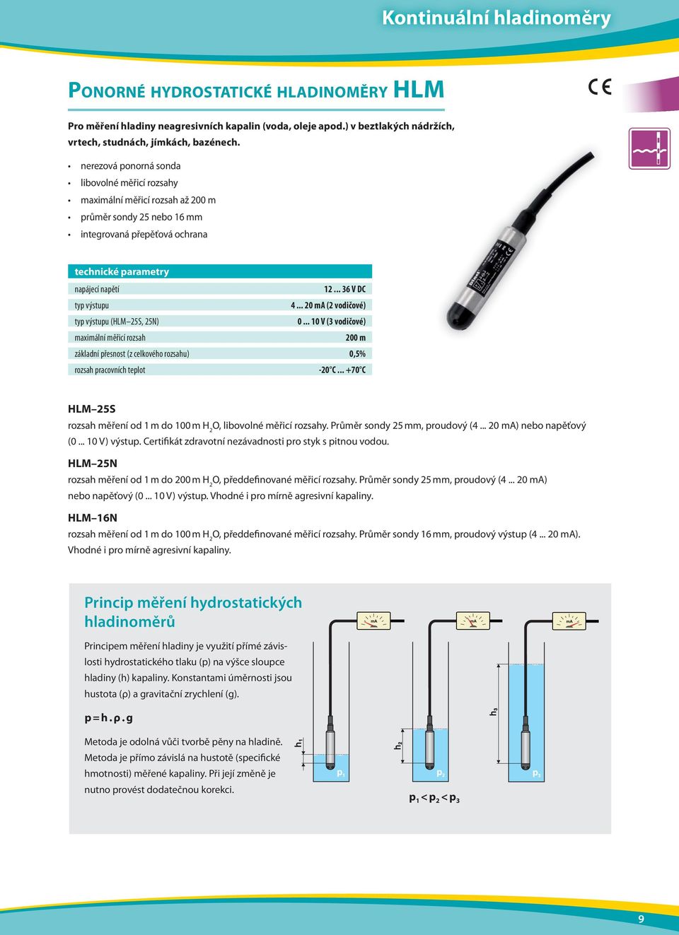 .. 20 ma (2 vodičové) typ výstupu (HLM 25S, 25N) 0... 10 V (3 vodičové) maximální měřicí rozsah 200 m základní přesnost (z celkového rozsahu) 0,5% rozsah pracovních teplot -20 C.