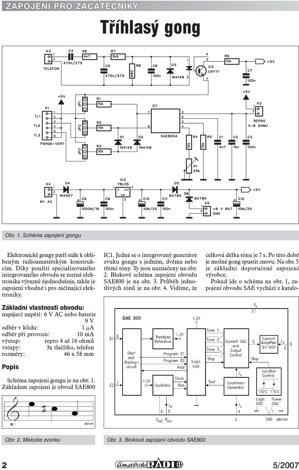 Základní vlastnosti obvodu: napájecí napětí: 6 V AC nebo baterie 9 V odběr v klidu: 1 µa odběr při provozu: 10 ma výstup: repro 4 až 16 ohmů vstupy: 3x tlačítko, telefon rozměry: 46 x 58 mm Popis