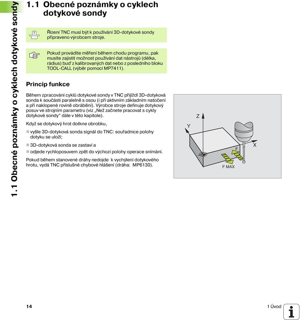 Princip funkce Během zpracován cyklů dotykové sondy v TNC přij žd 3D-dotyková sonda k součásti paralelně s osou (i při aktivn m základn m natočen a při naklopené rovině obráběn ).