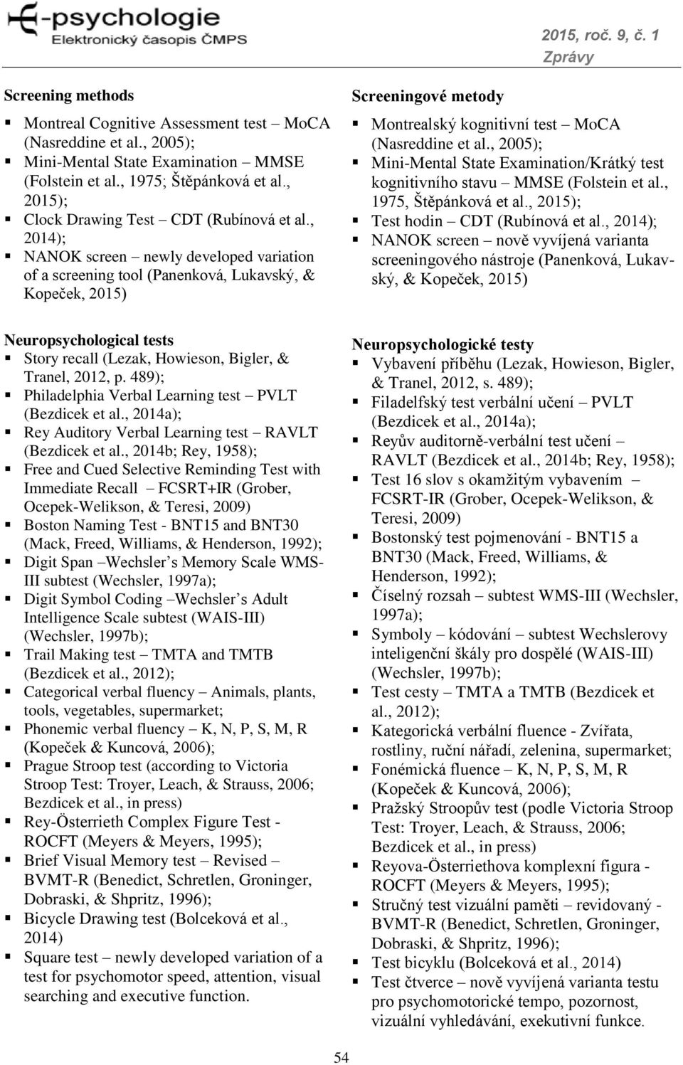 , 2014); NANOK screen newly developed variation of a screening tool (Panenková, Lukavský, & Kopeček, 2015) Screeningové metody Montrealský kognitivní test MoCA (Nasreddine et al.