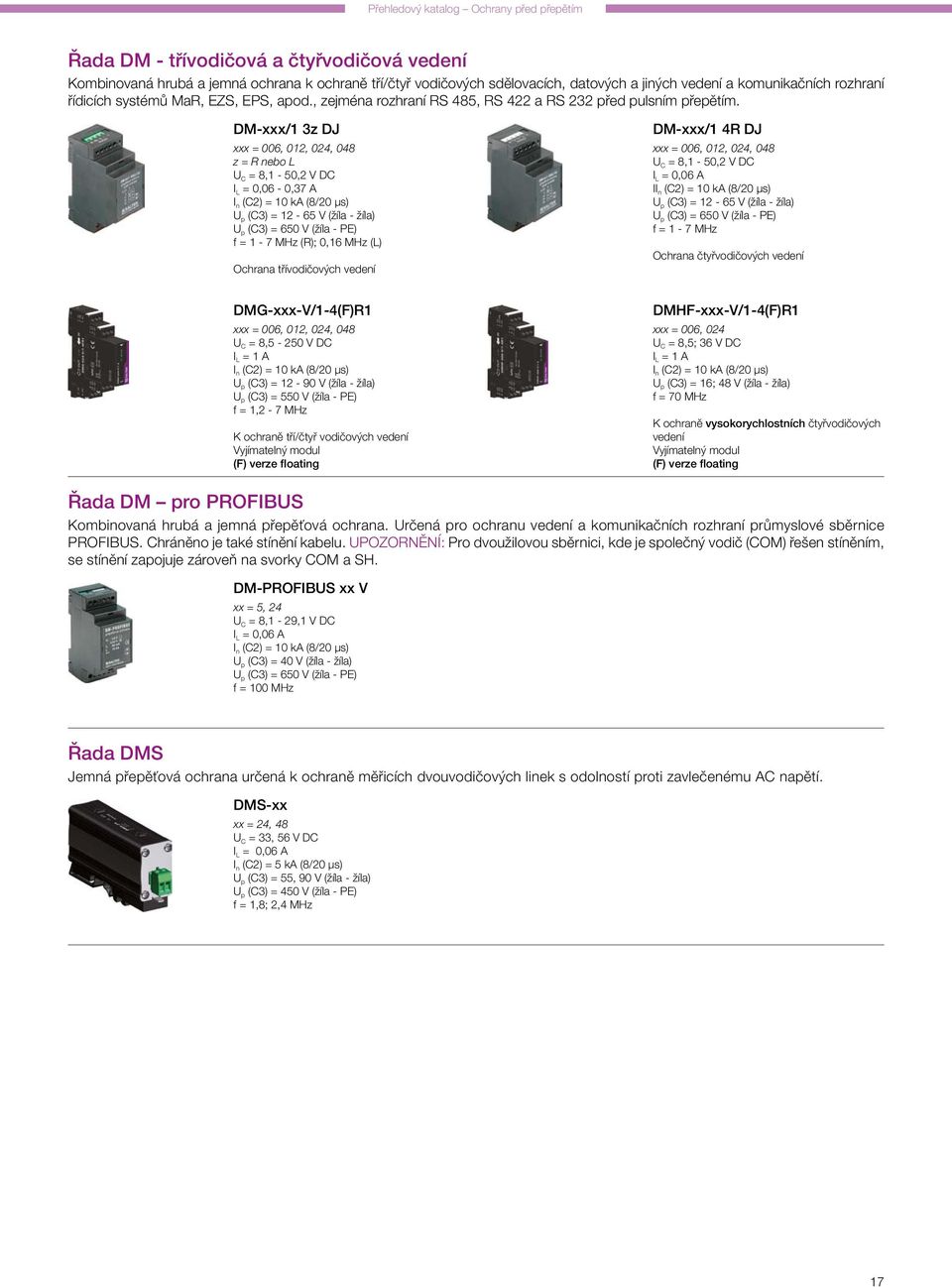 DM-xxx/1 3z DJ xxx = 006, 012, 024, 048 z = R nebo L U C = 8,1-50,2 V DC I L = 0,06-0,37 A U p (C3) = 12-65 V (žíla - žíla) U p (C3) = 650 V (žíla - PE) f = 1-7 MHz (R); 0,16 MHz (L) Ochrana