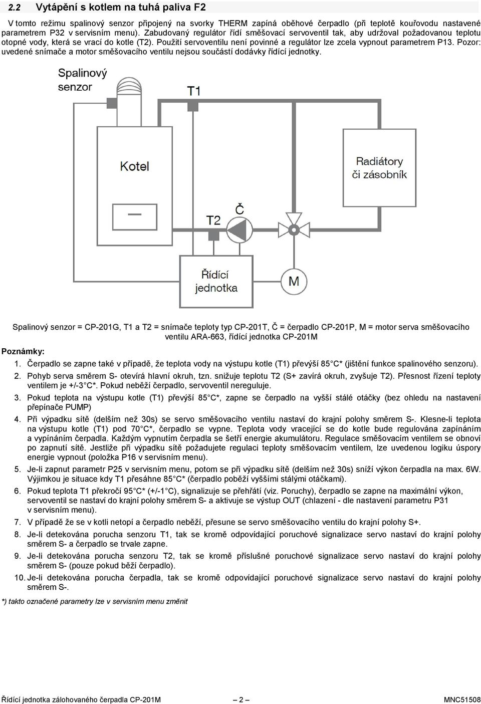 Použití servoventilu není povinné a regulátor lze zcela vypnout parametrem P13. Pozor: uvedené snímače a motor směšovacího ventilu nejsou součástí dodávky řídící jednotky.