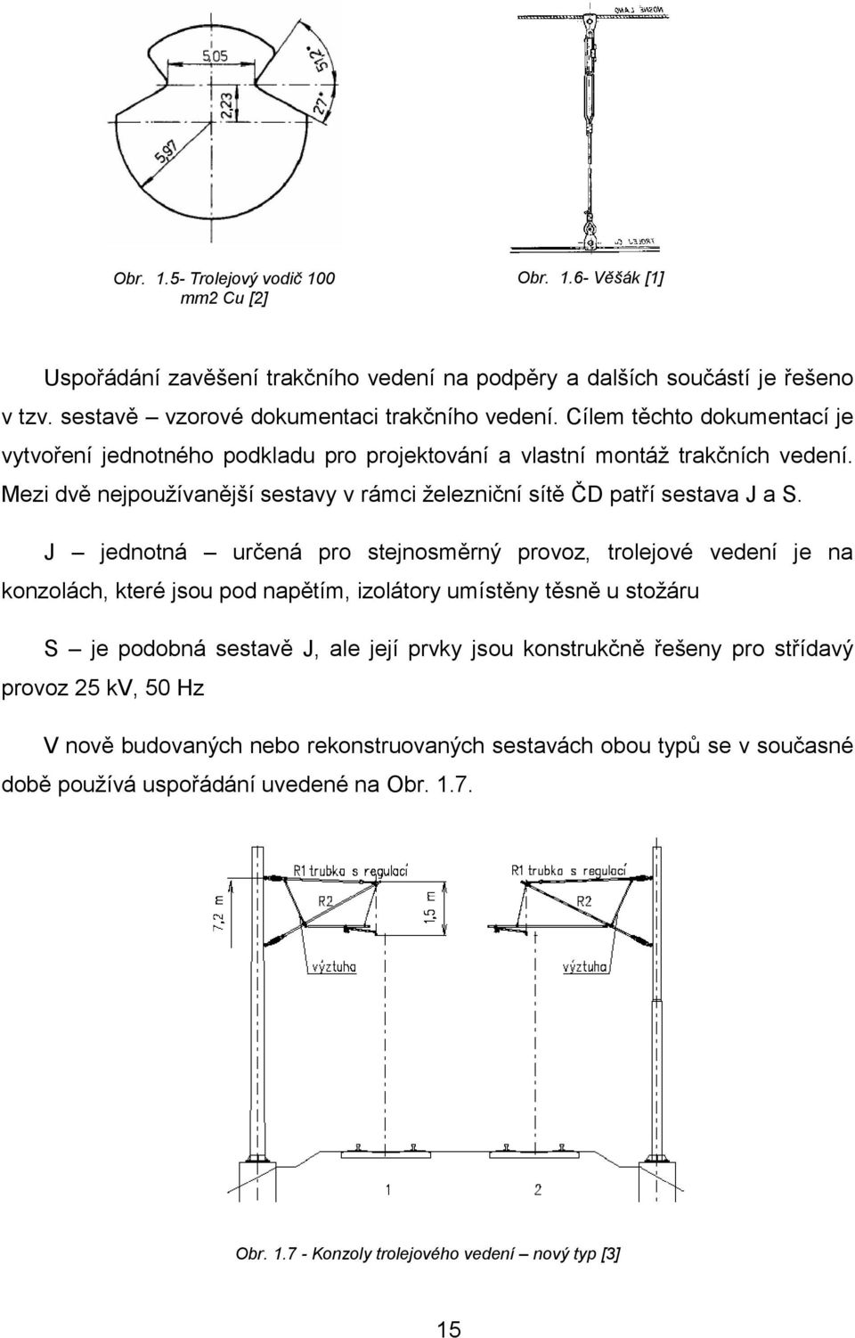 J jednotná určená pro stejnosměrný provoz, trolejové vedení je na konzolách, které jsou pod napětím, izolátory umístěny těsně u stoţáru S je podobná sestavě J, ale její prvky jsou konstrukčně