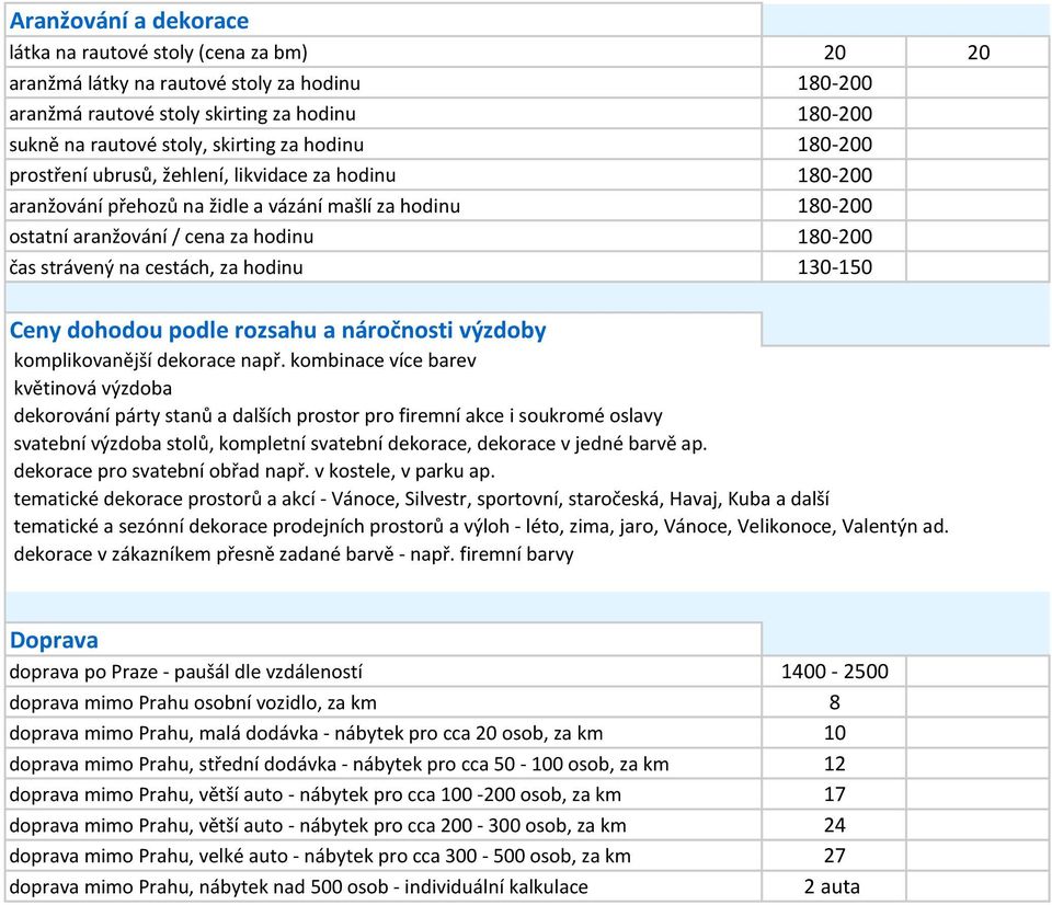 za hodinu 130-150 Ceny dohodou podle rozsahu a náročnosti výzdoby komplikovanější dekorace např.