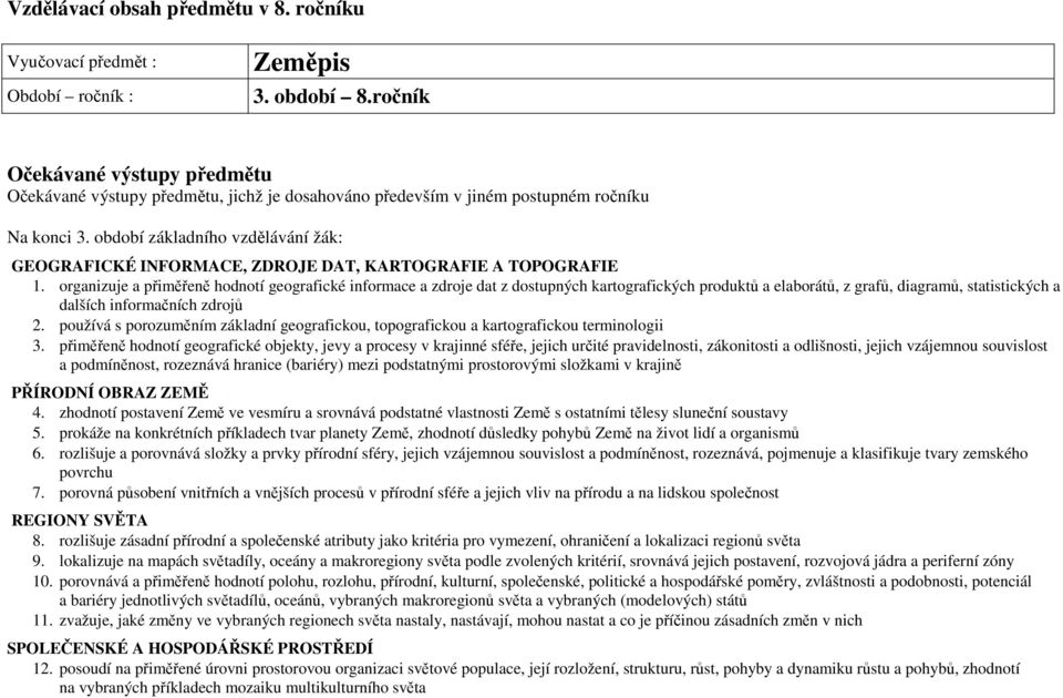 období základního vzdělávání žák: GEOGRAFICKÉ INFORMACE, ZDROJE DAT, KARTOGRAFIE A TOPOGRAFIE 1.