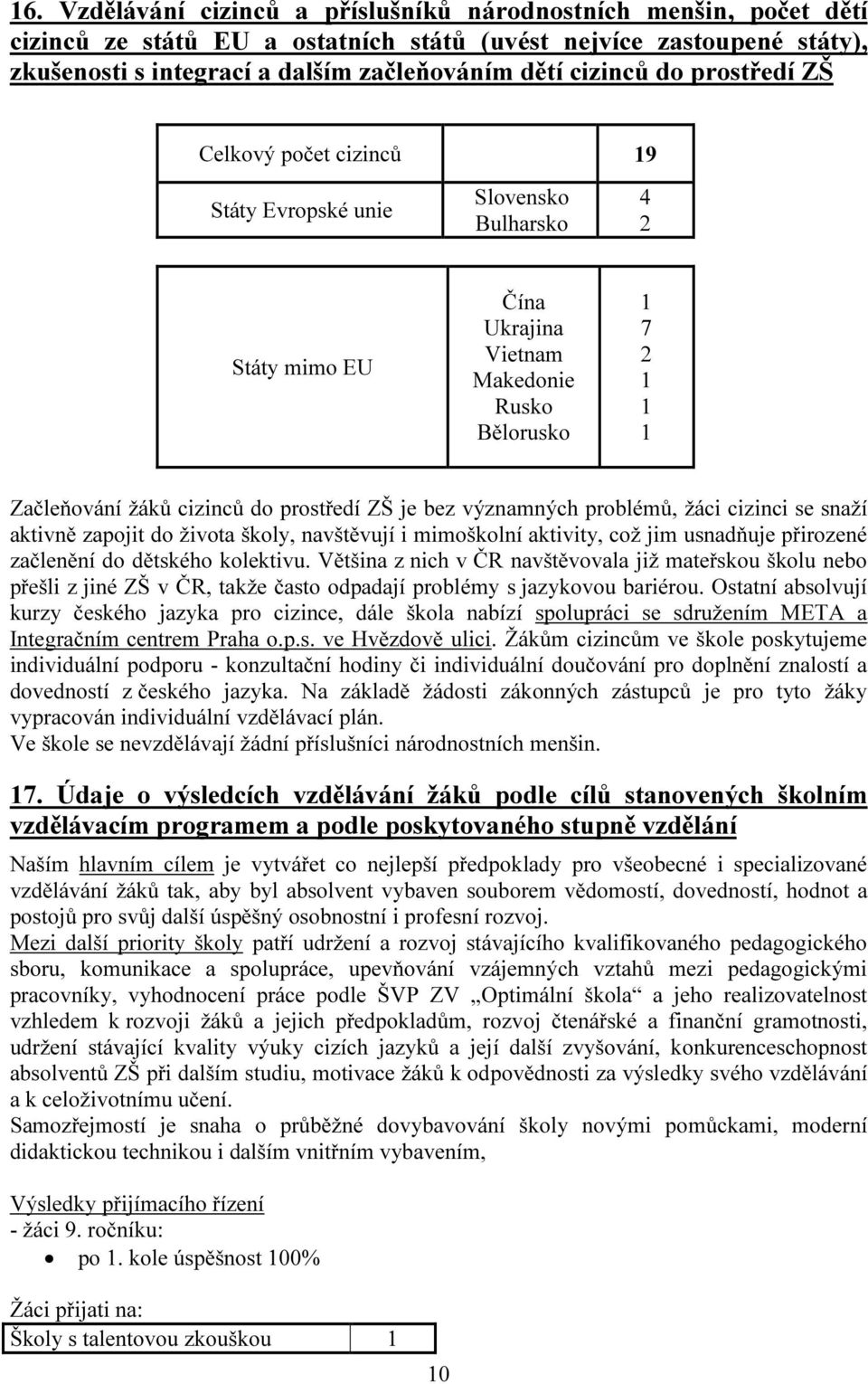 je bez významných problémů, žáci cizinci se snaží aktivně zapojit do života školy, navštěvují i mimoškolní aktivity, což jim usnadňuje přirozené začlenění do dětského kolektivu.