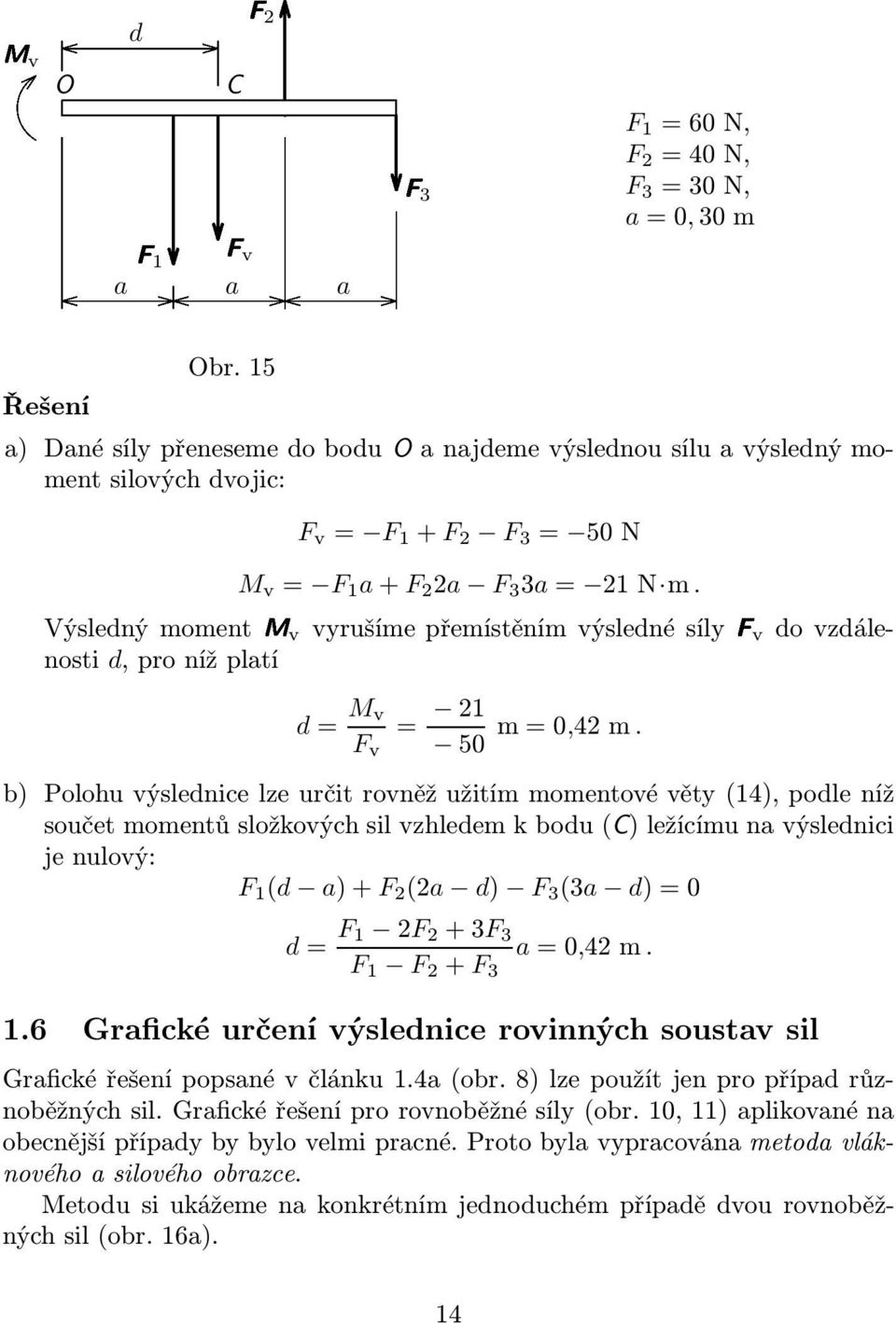 Výsledný momentmv vyrušíme přemístěním výsledné sílyfv do vzdálenosti d,pronížplatí d= M v F v = 21 50 m=0,42m.