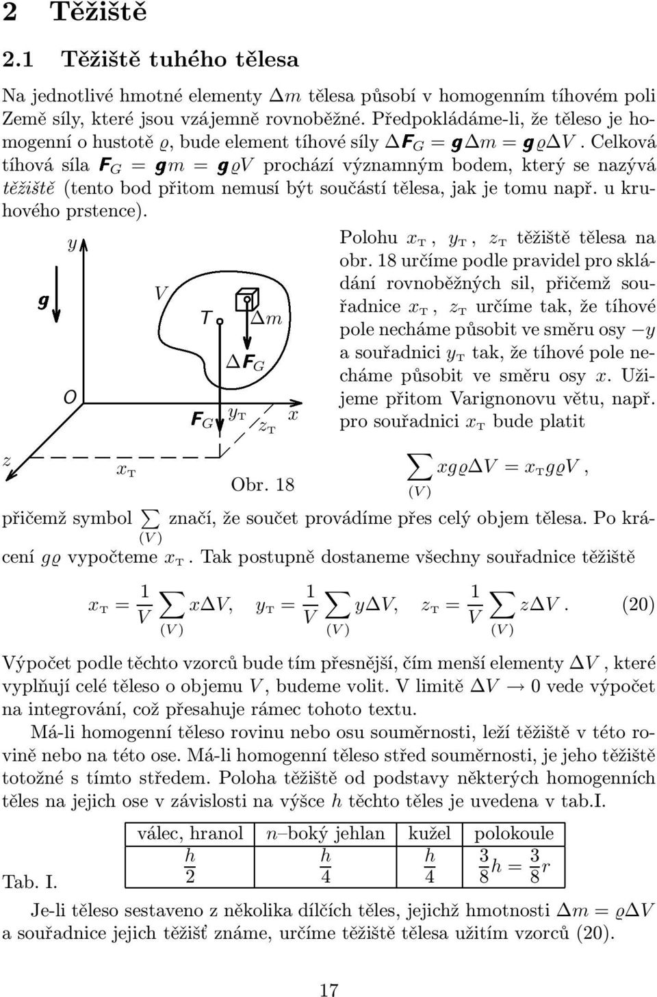 Celková tíhovásílafg=gm=g V procházívýznamnýmbodem,kterýsenazývá těžiště(tentobodpřitomnemusíbýtsoučástítělesa,jakjetomunapř.ukruhového prstence). Polohu xt y, yt, zt těžištětělesana obr.