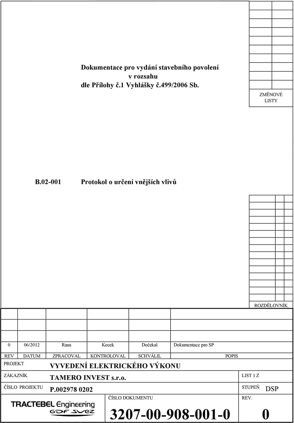 02-001 Protokol o určení vnějších vlivů ROZDĚLOVNÍK 0 06/2012 Raus Kocek Dočekal Dokumentace pro SP