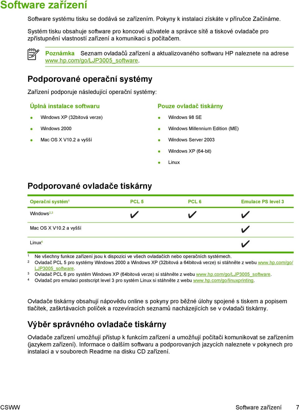 Poznámka Seznam ovladačů zařízení a aktualizovaného softwaru HP naleznete na adrese www.hp.com/go/ljp3005_software.