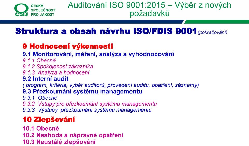 2 Interní audit ( program, kritéria, výběr auditorů, provedení auditu, opatření, záznamy) 9.3 Přezkoumání systému managementu 9.