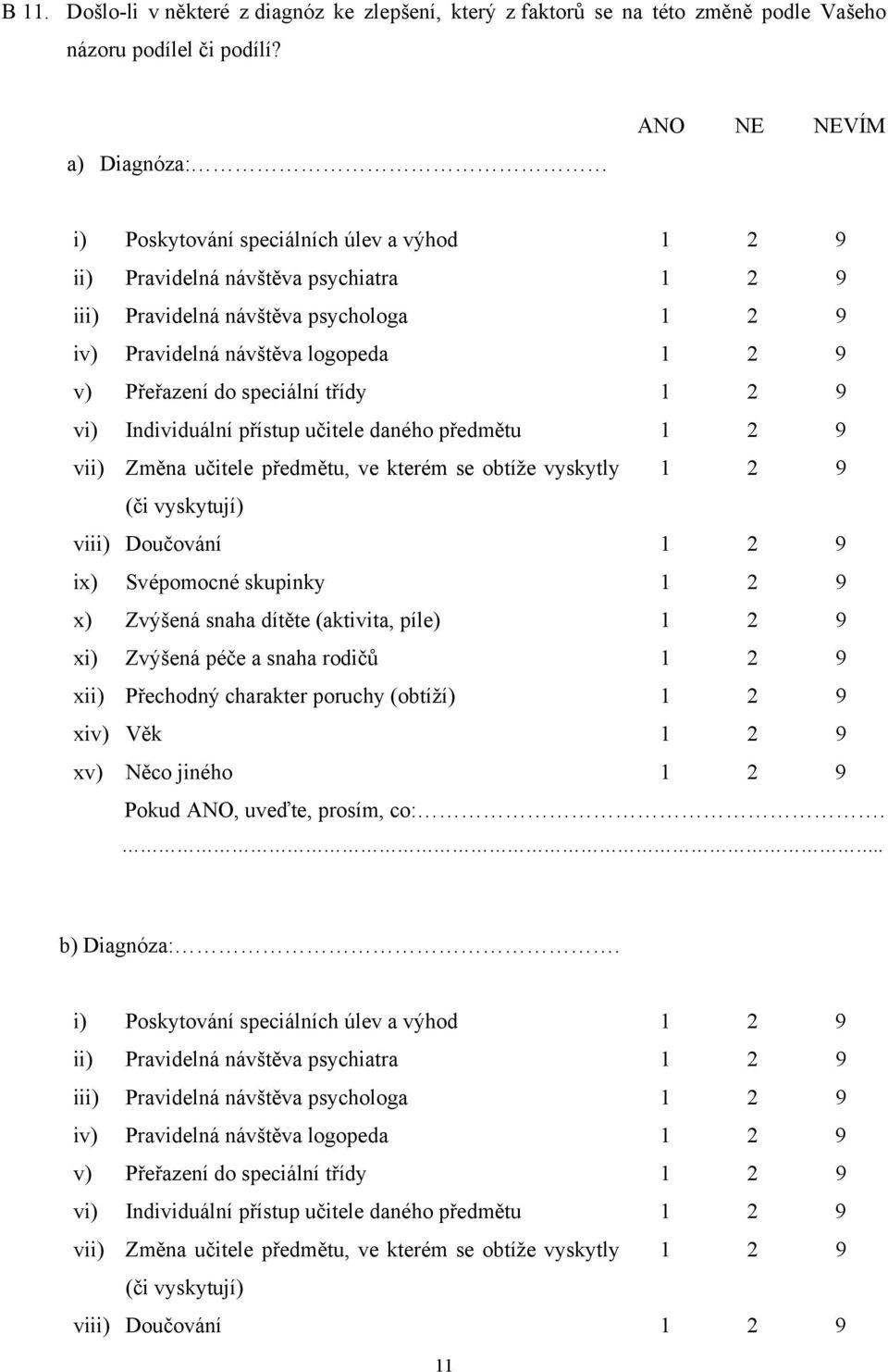 Přeřazení do speciální třídy 1 2 9 vi) Individuální přístup učitele daného předmětu 1 2 9 vii) Změna učitele předmětu, ve kterém se obtíže vyskytly 1 2 9 (či vyskytují) viii) Doučování 1 2 9 ix)