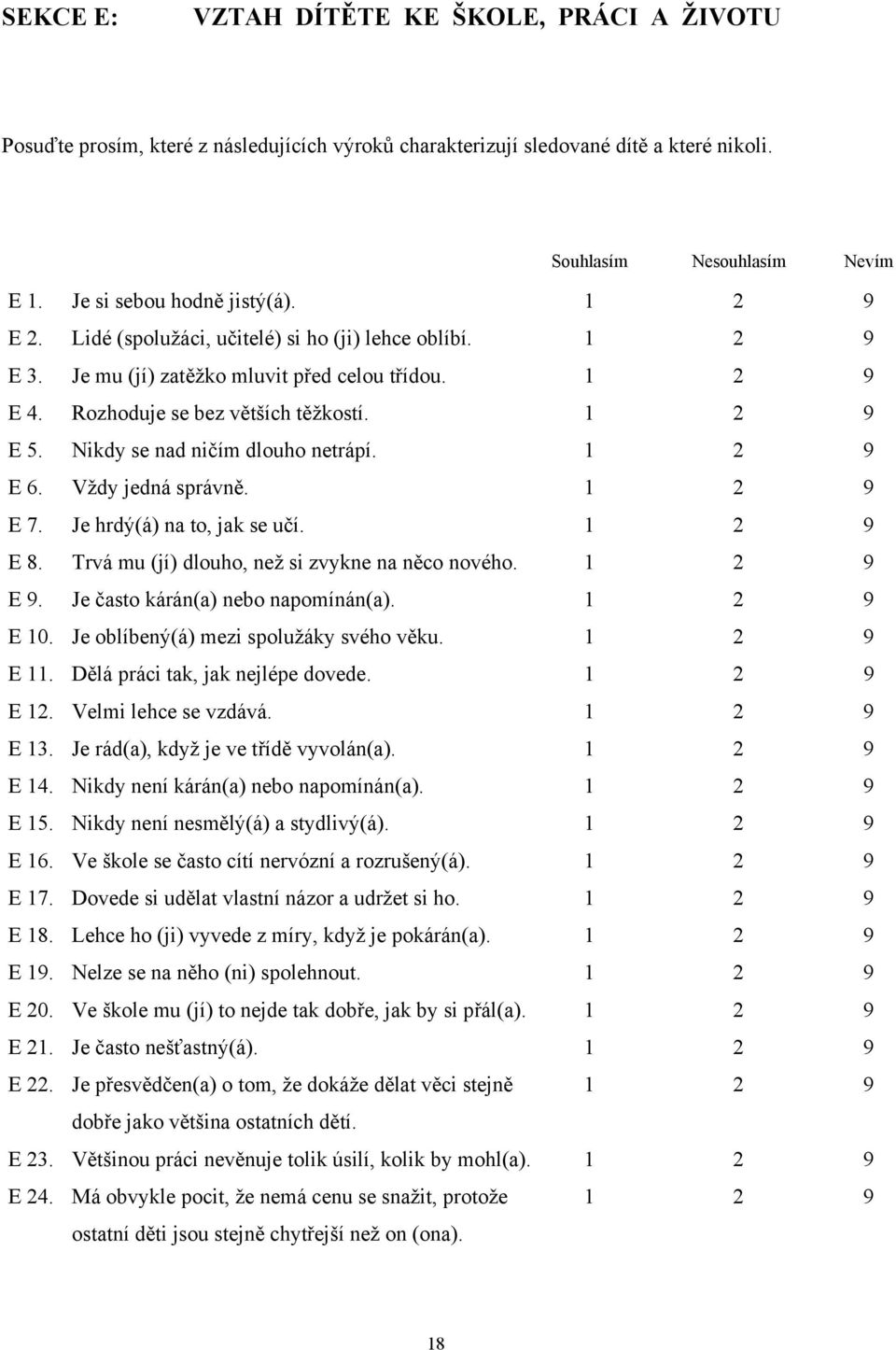 Nikdy se nad ničím dlouho netrápí. 1 2 9 E 6. Vždy jedná správně. 1 2 9 E 7. Je hrdý(á) na to, jak se učí. 1 2 9 E 8. Trvá mu (jí) dlouho, než si zvykne na něco nového. 1 2 9 E 9.