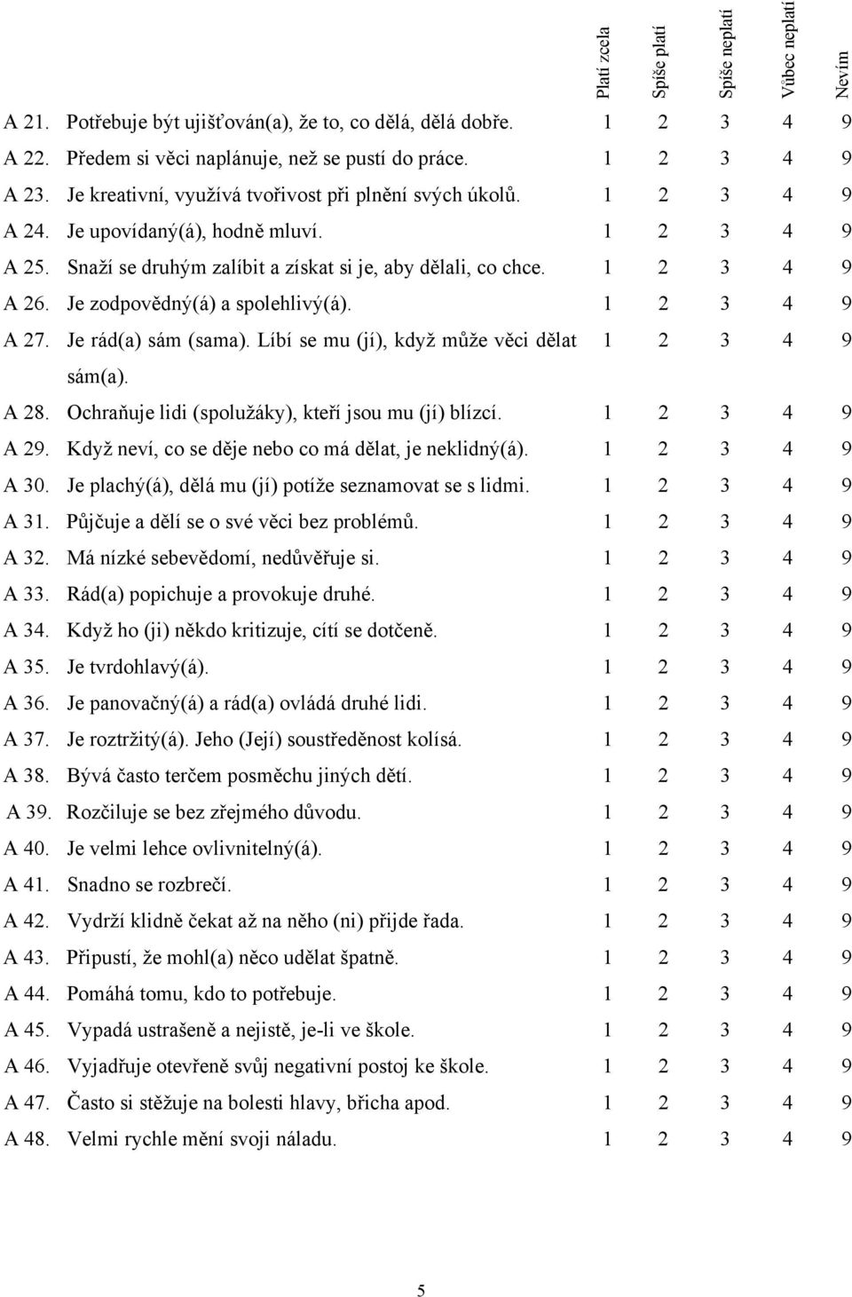 Je zodpovědný(á) a spolehlivý(á). 1 2 3 4 9 A 27. Je rád(a) sám (sama). Líbí se mu (jí), když může věci dělat 1 2 3 4 9 sám(a). A 28. Ochraňuje lidi (spolužáky), kteří jsou mu (jí) blízcí.