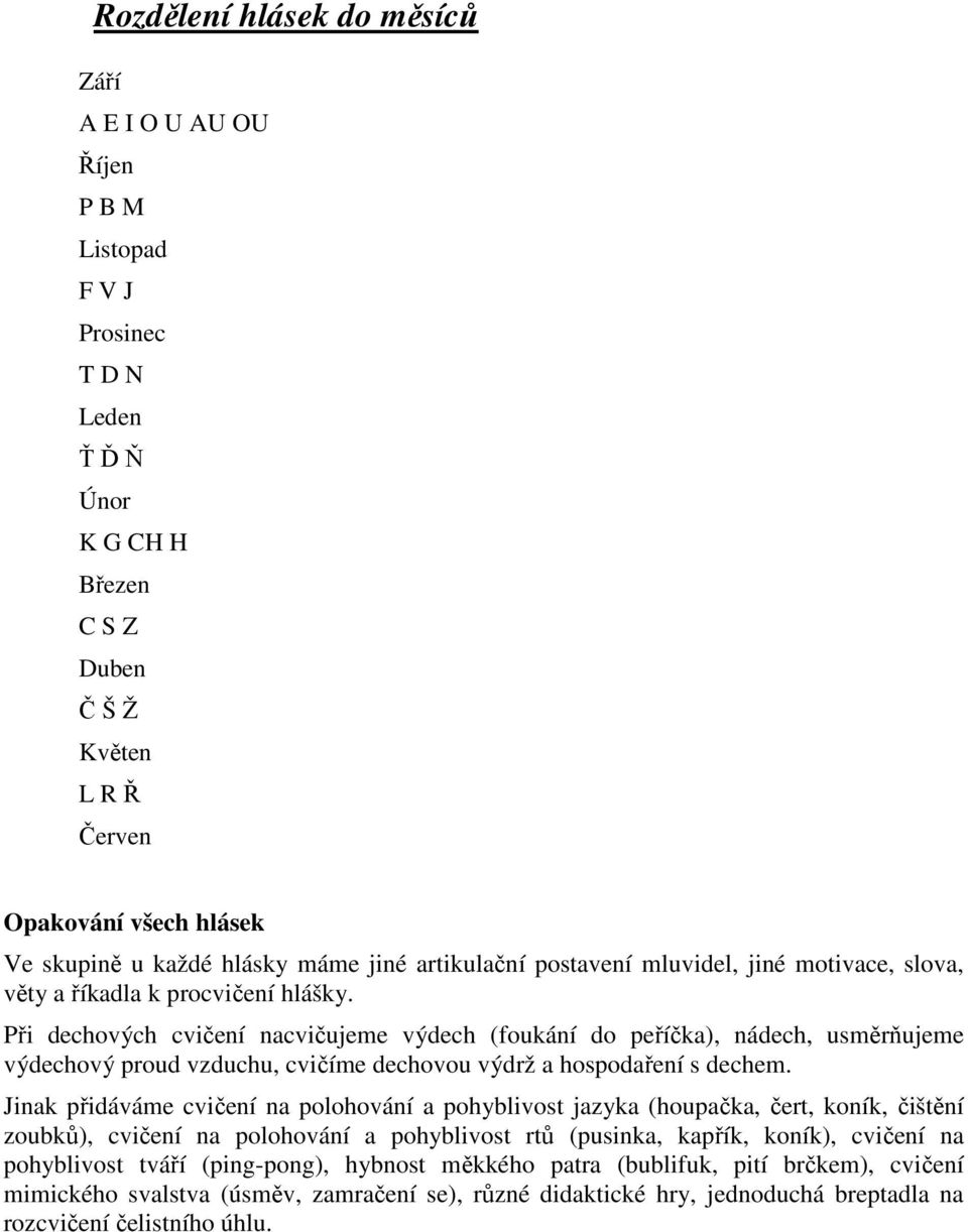 Při dechových cvičení nacvičujeme výdech (foukání do peříčka), nádech, usměrňujeme výdechový proud vzduchu, cvičíme dechovou výdrž a hospodaření s dechem.