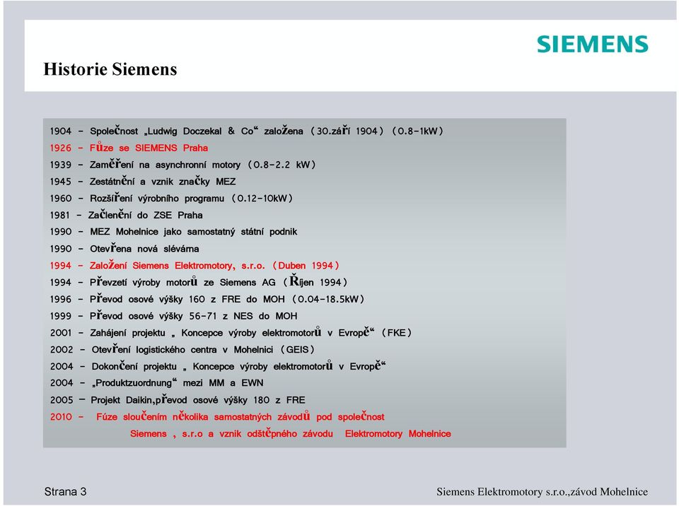 12-10kW) 1981 - Začlenění do ZSE Praha 1990 - MEZ Mohelnice jako samostatný státní podnik 1990 - Otevřena nová slévárna 1994 - Založení Siemens Elektromotory, s.r.o. (Duben 1994) 1994 - Převzetí výroby motorů ze Siemens AG (Říjen 1994) 1996 - Převod osové výšky 160 z FRE do MOH (0.