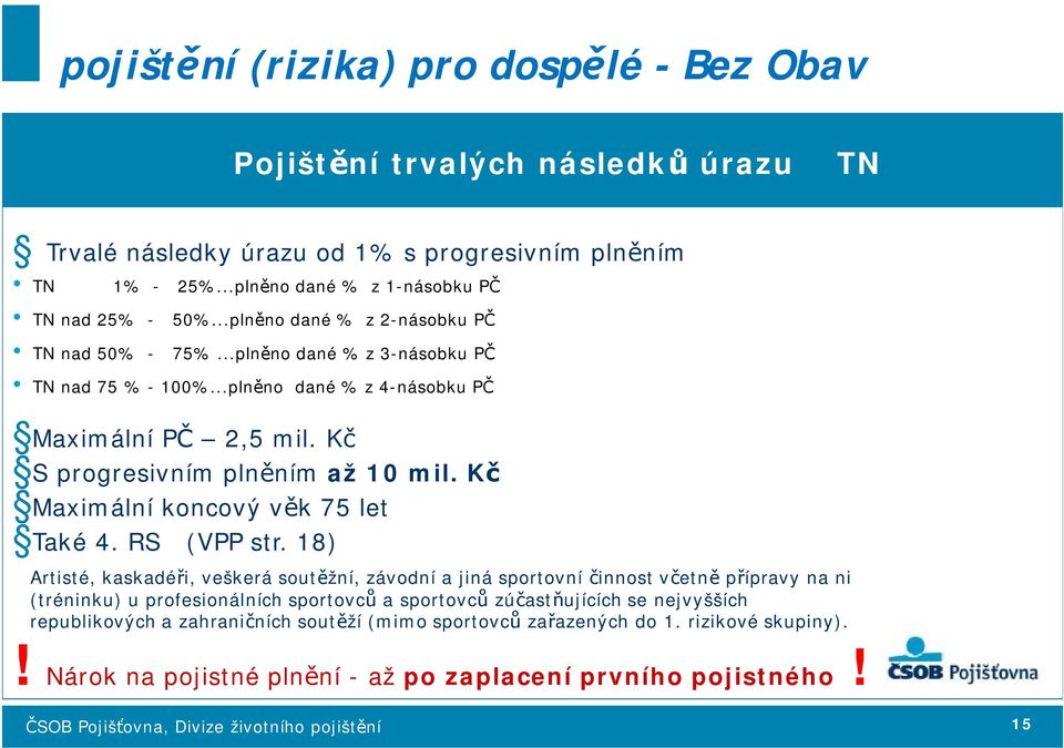 Kč S progresivním plněním až 10 mil. Kč Maximální koncový věk 75 let Také 4. RS (VPP str.