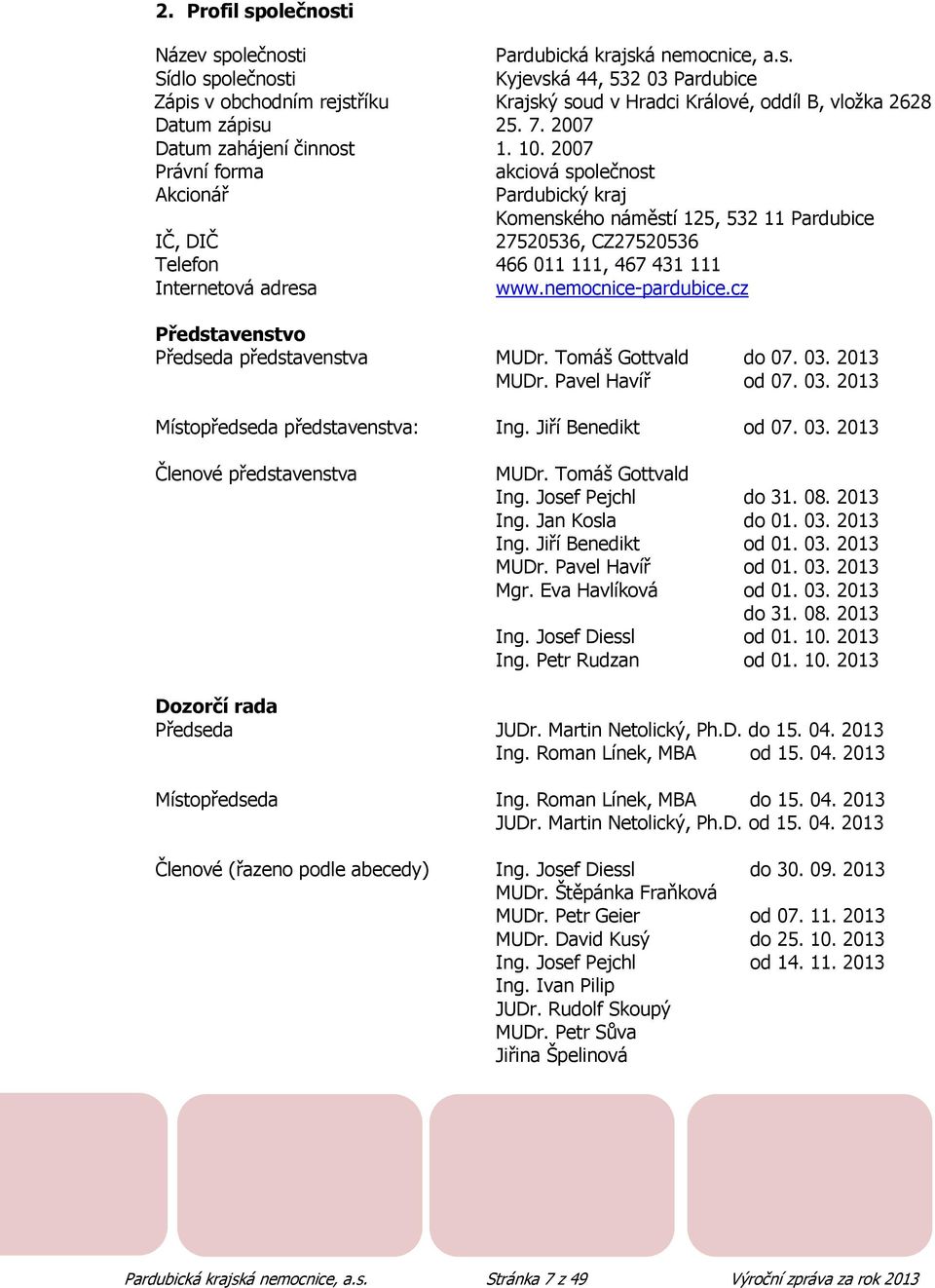 2007 Právní forma akciová společnost Akcionář Pardubický kraj Komenského náměstí 125, 532 11 Pardubice IČ, DIČ 27520536, CZ27520536 Telefon 466 011 111, 467 431 111 Internetová adresa www.