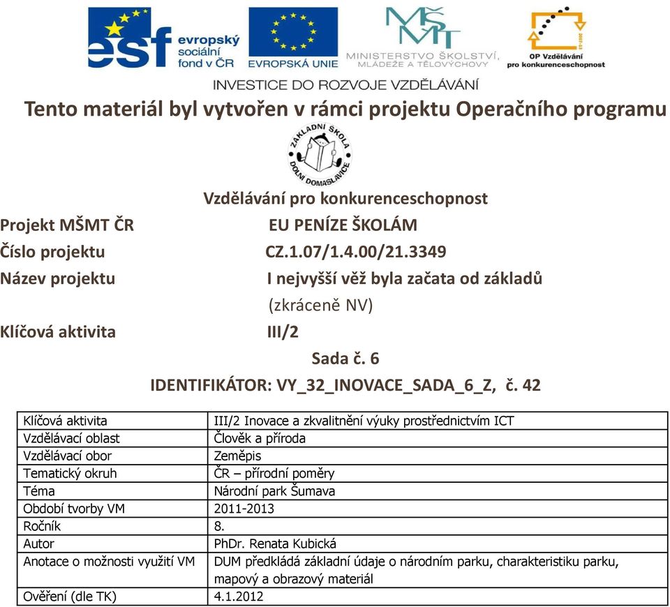 42 Klíčová aktivita III/2 Inovace a zkvalitnění výuky prostřednictvím ICT Vzdělávací oblast Člověk a příroda Vzdělávací obor Zeměpis Tematický okruh ČR přírodní poměry Téma Národní