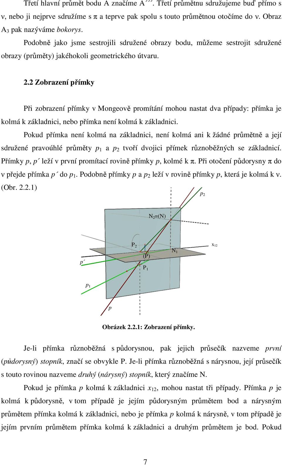 2 Zobrazení přímky Při zobrazení přímky v Mongeově promítání mohou nastat dva případy: přímka je kolmá k základnici, nebo přímka není kolmá k základnici.