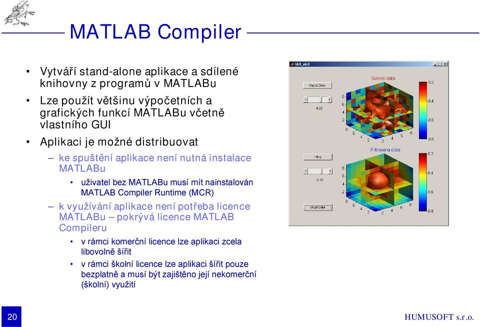 nainstalován MATLAB Compiler Runtime (MCR) k využívání aplikace není potřeba licence MATLABu pokrývá licence MATLAB Compileru v rámci komerční