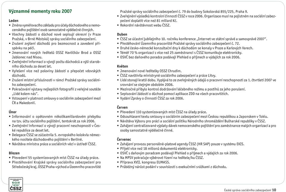 Jmenování nových ředitelů OSSZ Havlíčkův Brod a OSSZ Jablonec nad Nisou. Zveřejnění informací o vývoji počtu důchodců a výši starobního důchodu za deset let.