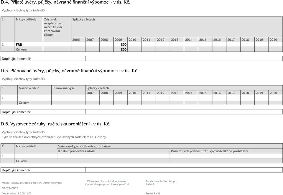 komentář D.5. lánované úvěry, půjčky, návratné finanční výpomoci - v tis. Kč. Vyplňují všechny typy žadatelů. č.