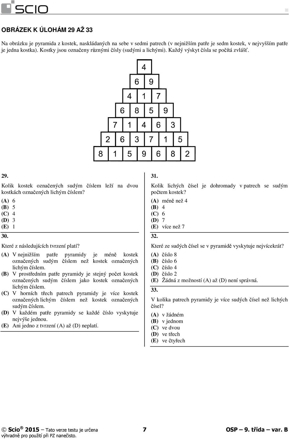 (A) 6 (B) 5 (C) 4 (D) 3 (E) 1 30. Které z následujících tvrzení platí? (A) V nejnižším patře pyramidy je méně kostek označených sudým číslem než kostek označených lichým číslem.