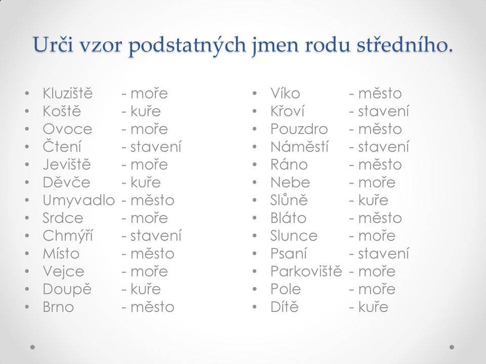 Srdce - moře Chmýří - stavení Místo - město Vejce - moře Doupě - kuře Brno - město Víko - město Křoví -