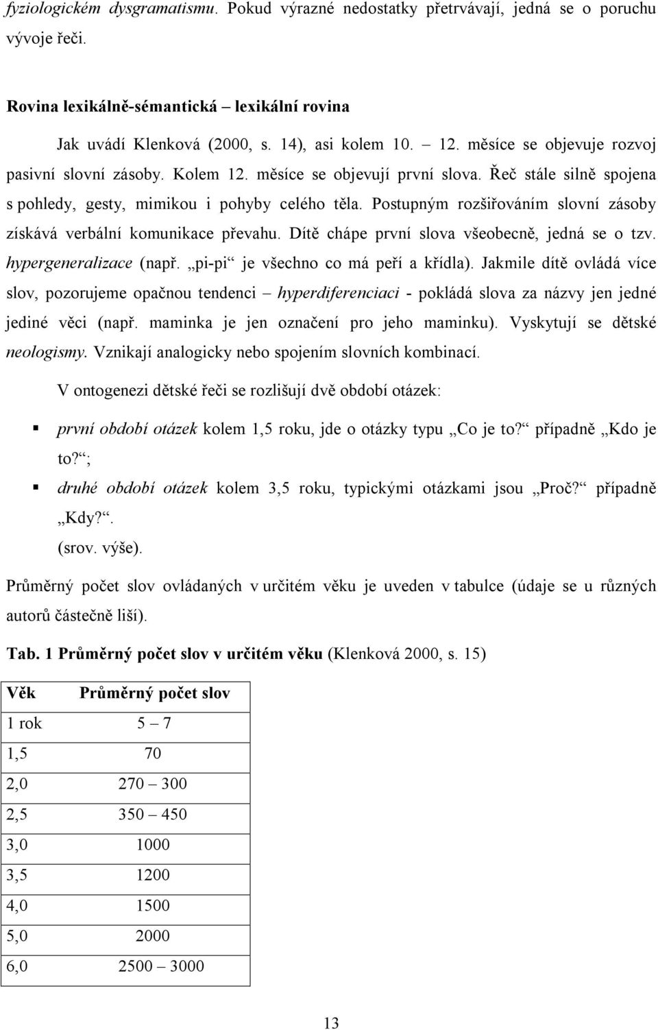 Postupným rozšiřováním slovní zásoby získává verbální komunikace převahu. Dítě chápe první slova všeobecně, jedná se o tzv. hypergeneralizace (např. pi-pi je všechno co má peří a křídla).