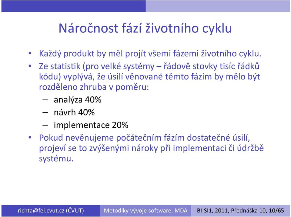 rozděleno zhruba v poměru: analýza 40% návrh 40% implementace 20% Pokudnevěnujemepočátečním fázím dostatečné úsilí,