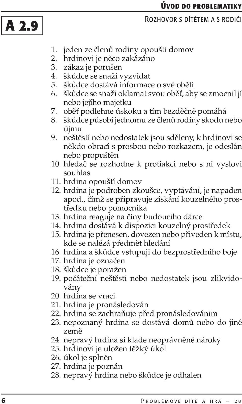 neštěstí nebo nedostatek jsou sděleny, k hrdinovi se někdo obrací s prosbou nebo rozkazem, je odeslán nebo propuštěn 10. hledač se rozhodne k protiakci nebo s ní vysloví souhlas 11.