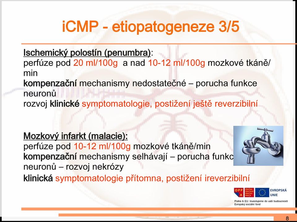 ještě reverzibilní Mozkový infarkt (malacie): perfúze pod 10-12 ml/100g mozkové tkáně/min kompenzační mechanismy