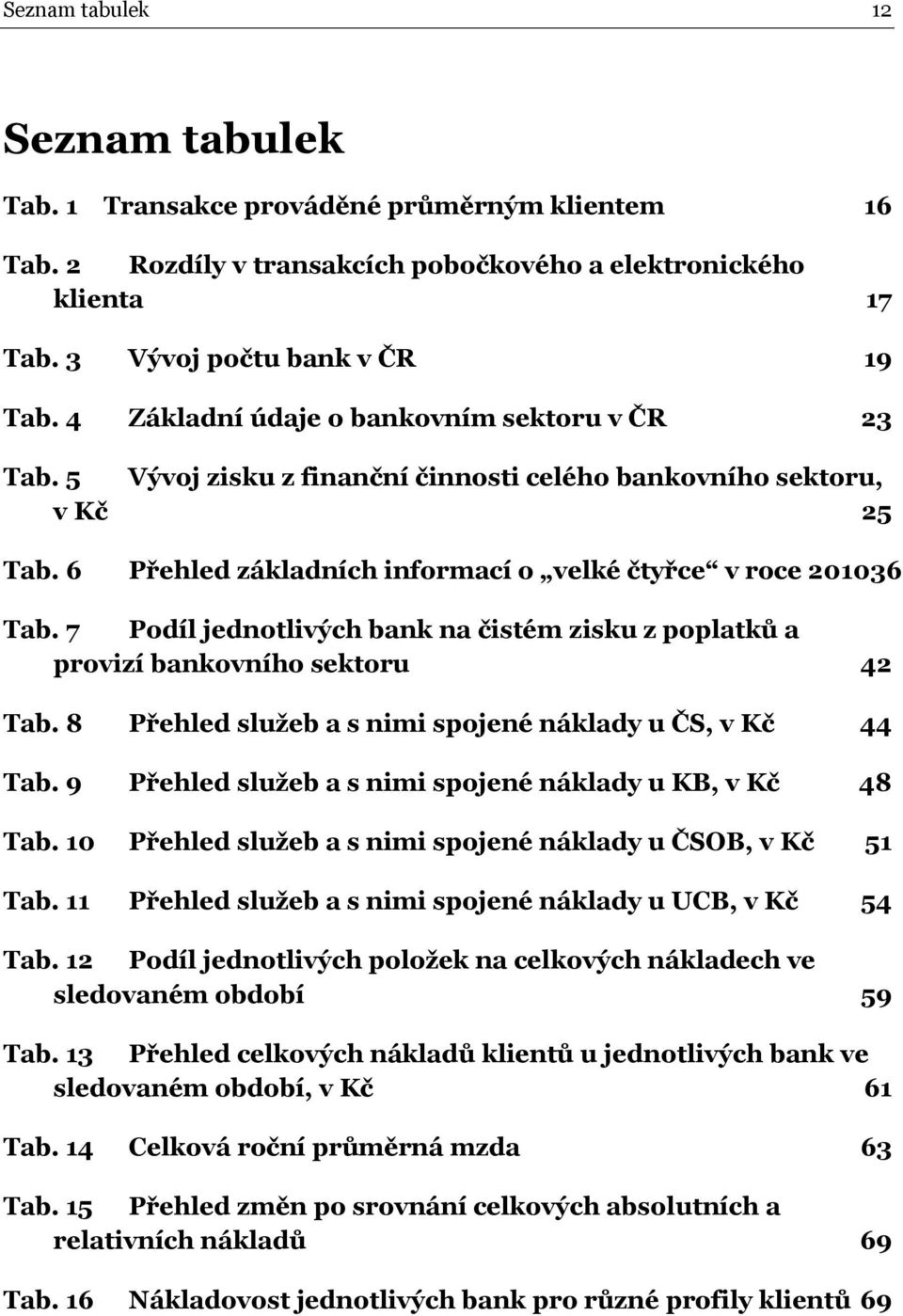 7 Podíl jednotlivých bank na čistém zisku z poplatků a provizí bankovního sektoru 42 Tab. 8 Přehled služeb a s nimi spojené náklady u ČS, v Kč 44 Tab.