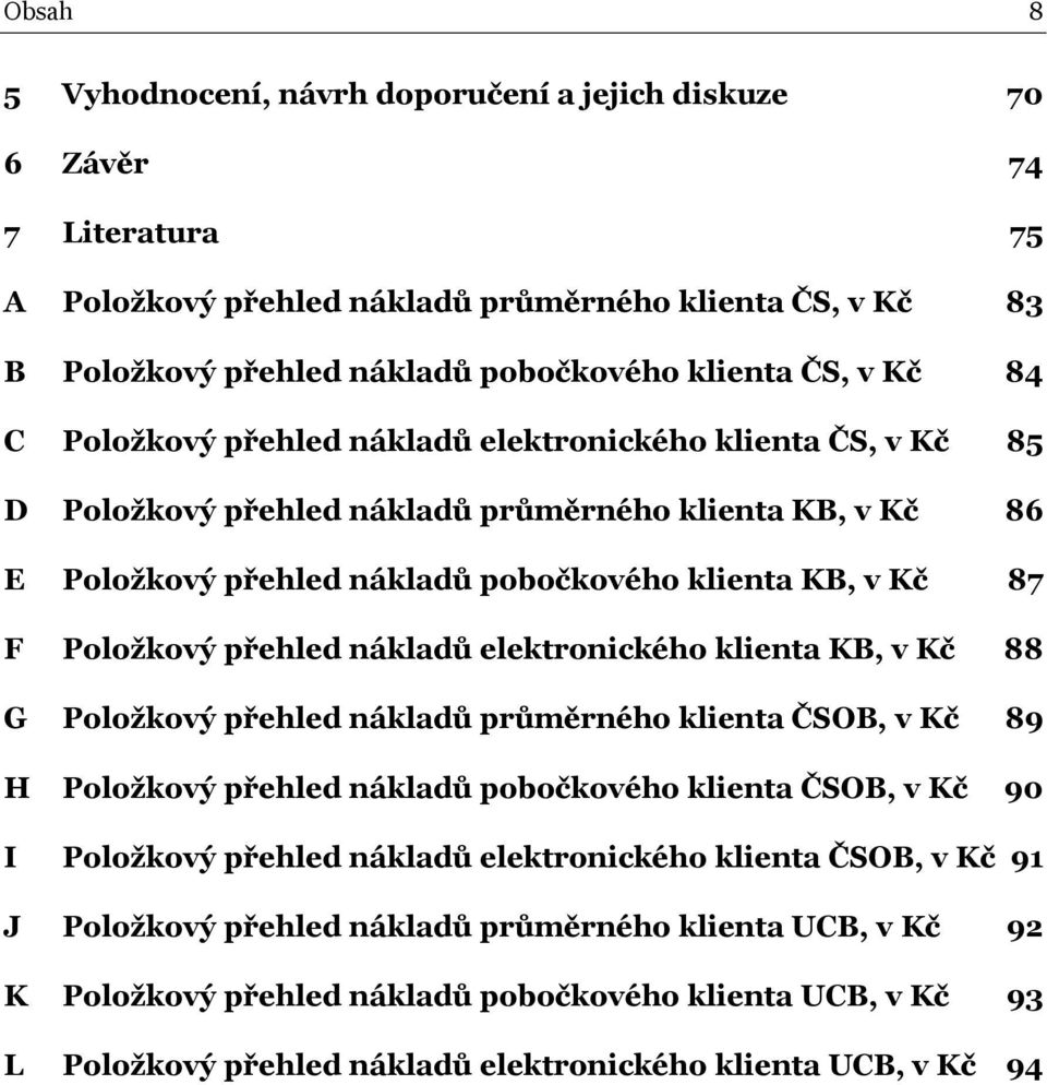 přehled nákladů elektronického klienta KB, v Kč 88 G Položkový přehled nákladů průměrného klienta ČSOB, v Kč 89 H Položkový přehled nákladů pobočkového klienta ČSOB, v Kč 90 I Položkový přehled