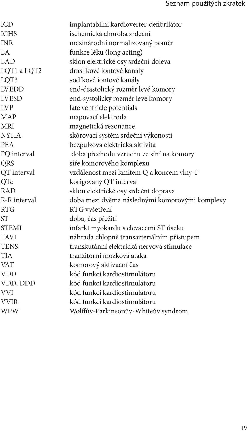 elektroda MRI magnetická rezonance NYHA skórovací systém srdeční výkonosti PEA bezpulzová elektrická aktivita PQ interval doba přechodu vzruchu ze síní na komory QRS šíře komorového komplexu QT