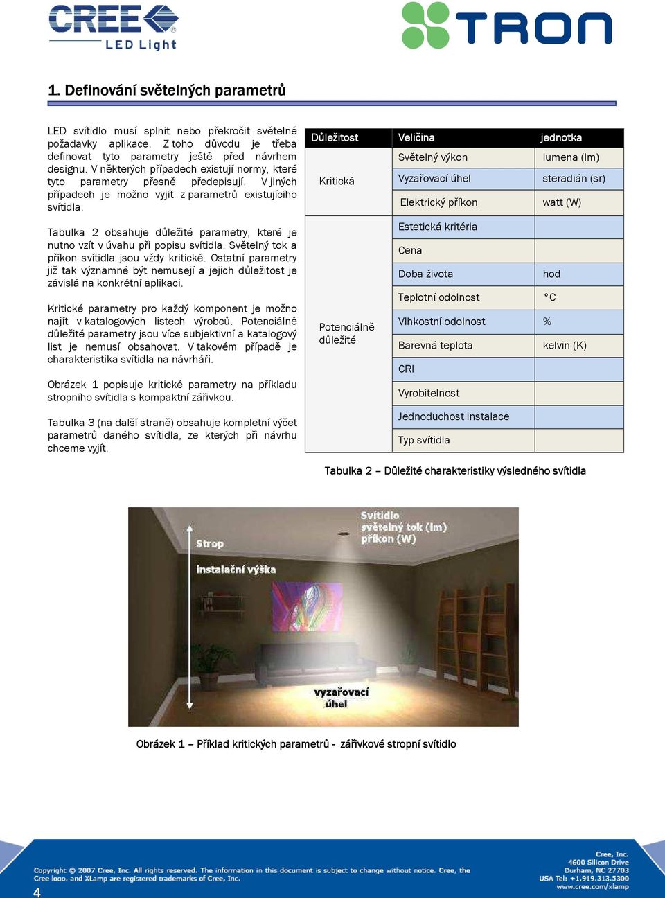 Tabulka 2 obsahuje důležité parametry, které je nutno vzít v úvahu při popisu svítidla. Světelný tok a příkon svítidla jsou vždy kritické.