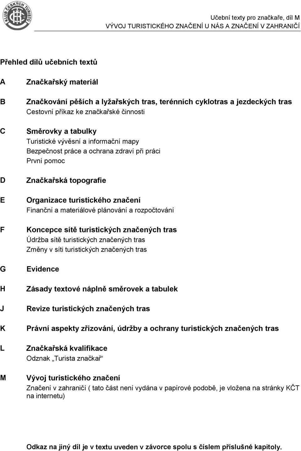 sítě turistických značených tras Údržba sítě turistických značených tras Změny v síti turistických značených tras G Evidence H Zásady textové náplně směrovek a tabulek J Revize turistických značených