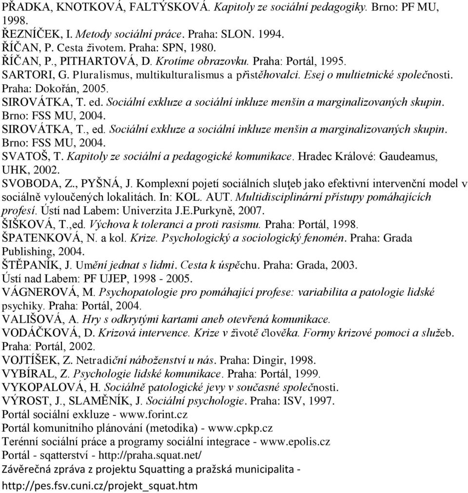 Sociální exkluze a sociální inkluze menšin a marginalizovaných skupin. Brno: FSS MU, 2004. SIROVÁTKA, T., ed. Sociální exkluze a sociální inkluze menšin a marginalizovaných skupin. Brno: FSS MU, 2004. SVATOŠ, T.