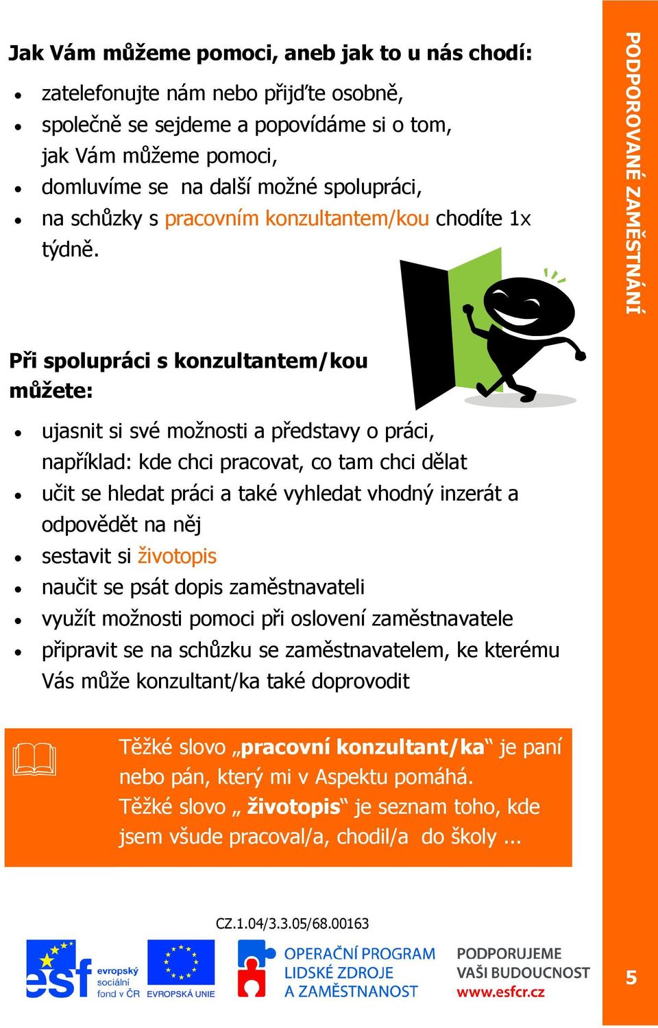 Při spolupráci s konzultantem/kou můžete: ujasnit si své možnosti a představy o práci, například: kde chci pracovat, co tam chci dělat učit se hledat práci a také vyhledat vhodný inzerát a odpovědět