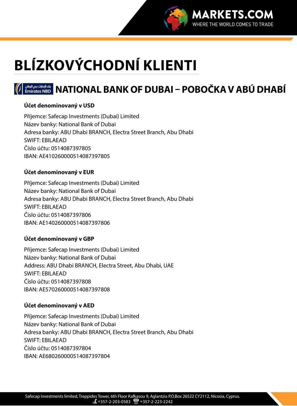 AE140260000514087397806 Účet denominovaný v GBP Address: ABU Dhabi BRANCH, Electra Street, Abu Dhabi, UAE Číslo účtu: 0514087397808 IBAN: