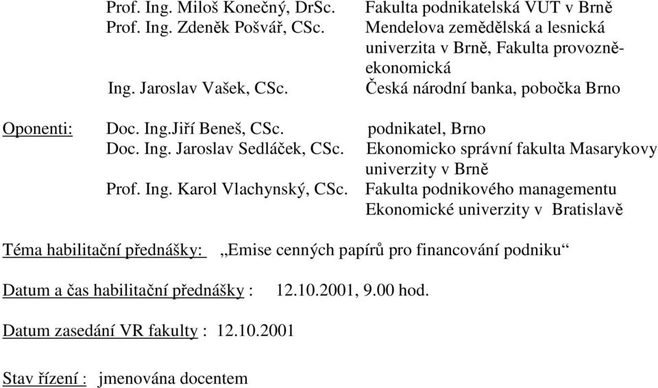 Jiří Beneš, CSc. podnikatel, Brno Doc. Ing. Jaroslav Sedláček, CSc. Ekonomicko správní fakulta Masarykovy univerzity v Brně Prof. Ing. Karol Vlachynský, CSc.