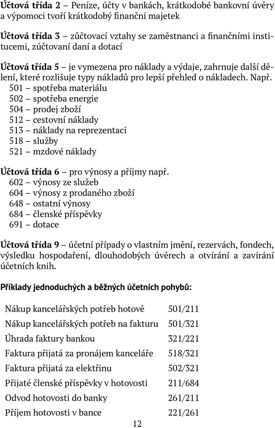 501 spotřeba materiálu 502 spotřeba energie 504 prodej zboží 512 cestovní náklady 513 náklady na reprezentaci 518 služby 521 mzdové náklady Účtová třída 6 pro výnosy a příjmy např.