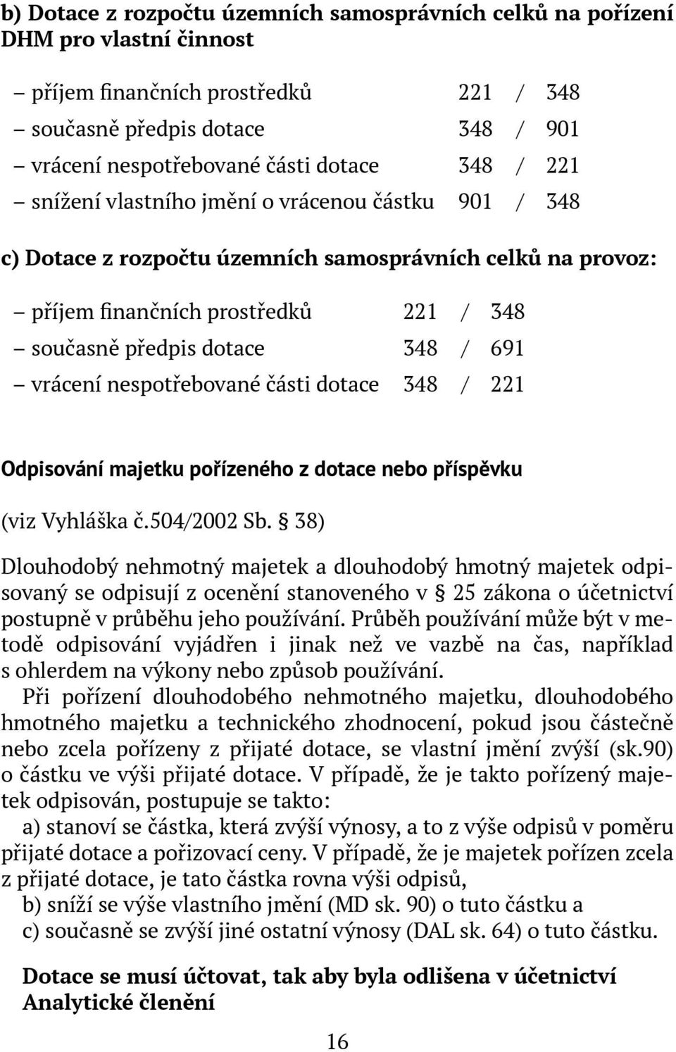 nespotřebované části dotace 348 / 221 Odpisování majetku pořízeného z dotace nebo příspěvku (viz Vyhláška č.504/2002 Sb.